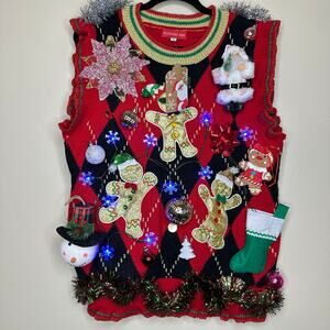 Ugly Christmas Sweater Vest LIGHTS UP Tacky Tinsel Xmas Party Winner Size Large